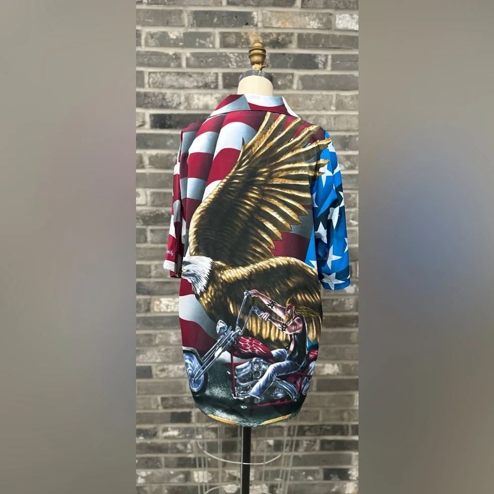 Y2K Dragonfly Eagle, Biker, Motorcycle, and American Flag Button Up Shirt - Picture 3 of 9